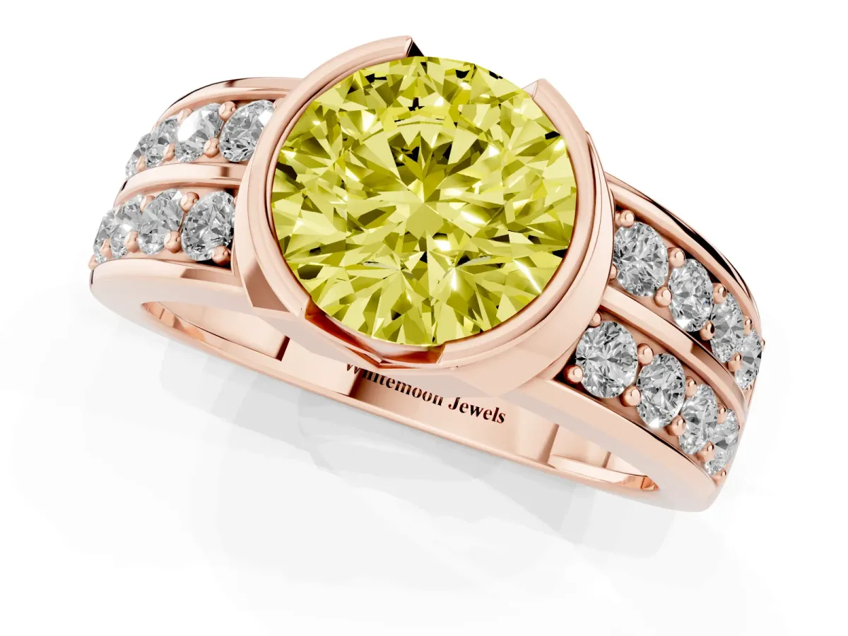 Fancy Yellow Round Cut Brilliant Diamond Channel Set Wide Band Ring with Bezel Setting Rose gold
