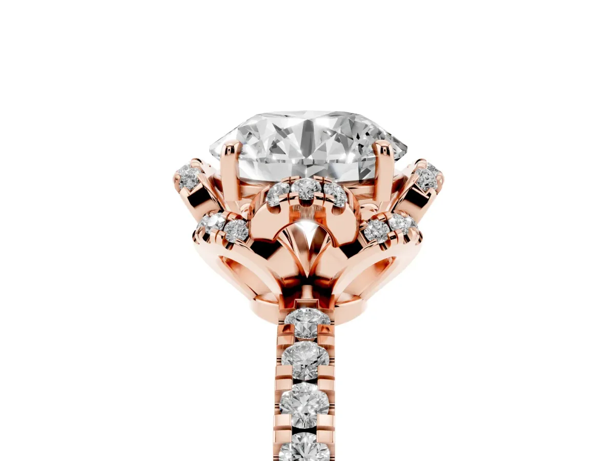 Round Cut Halo Diamond Pave Band Ring with Four-Prong Setting Rose gold