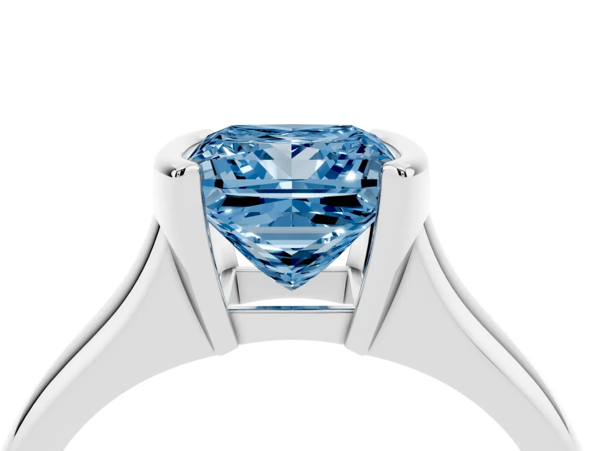 Fancy Blue Princess Cut Solitaire Tension Set Diamond Ring with Split Shank Band Platinum