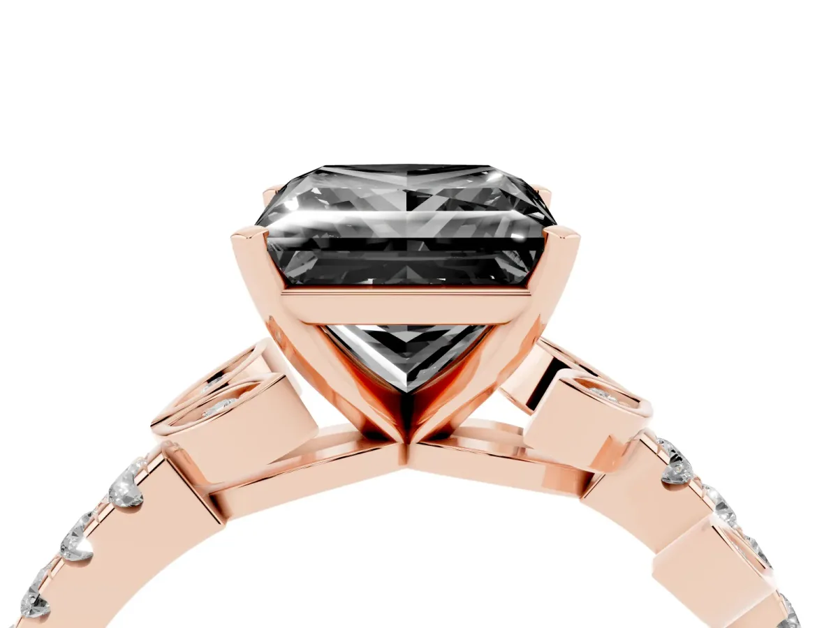 Fancy Black Princess Cut Solitaire Leaf-Inspired Diamond Ring with Pavé Band and Four-Prong Setting Rose gold