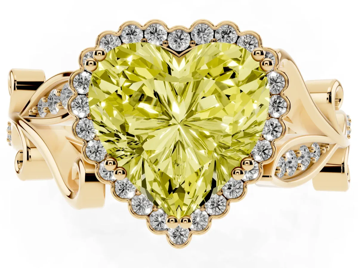 Fancy Yellow Heart Cut Diamond Halo Ring with Vintage Split Shank and Four-Prong Setting Yellow gold