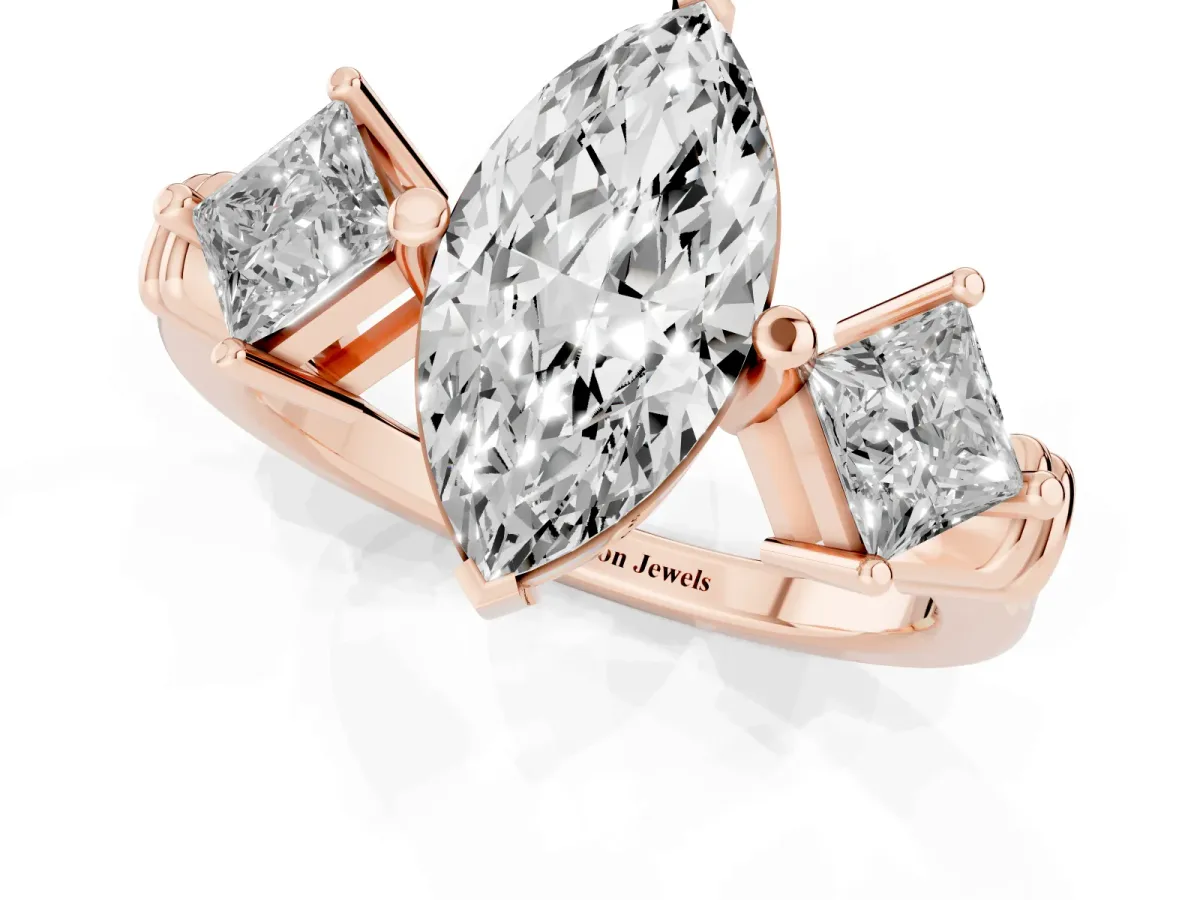 Three-Stone Marquise Cut and Princess Cut Diamond Ring with Channel Band and Four-Prong Setting Rose gold