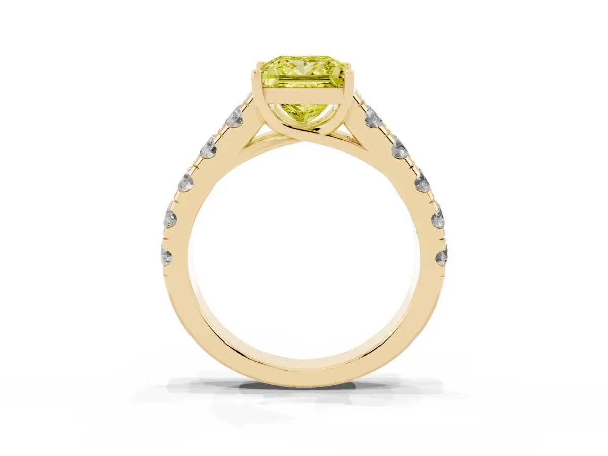 Fancy Yellow Princess Cut Cut Diamond Solitaire Ring with Micro Pave Band and Prong Setting Yellow gold