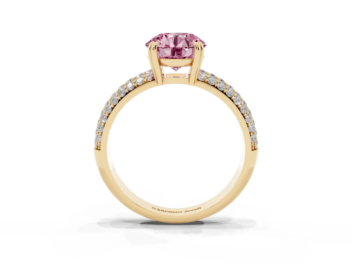 Fancy Pink Round Cut Diamond Solitaire Ring with Multi-Row Round Pavé Band and Prong Setting Yellow gold