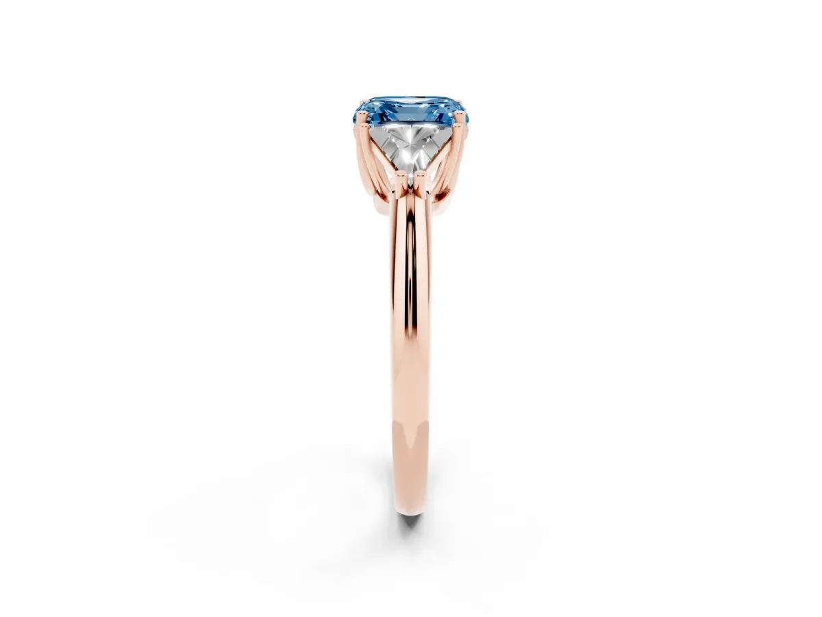 Fancy Blue Three-Stone Asscher Cut Diamond Engagement Ring with Trillion Side Stones and Prong Setting Rose gold