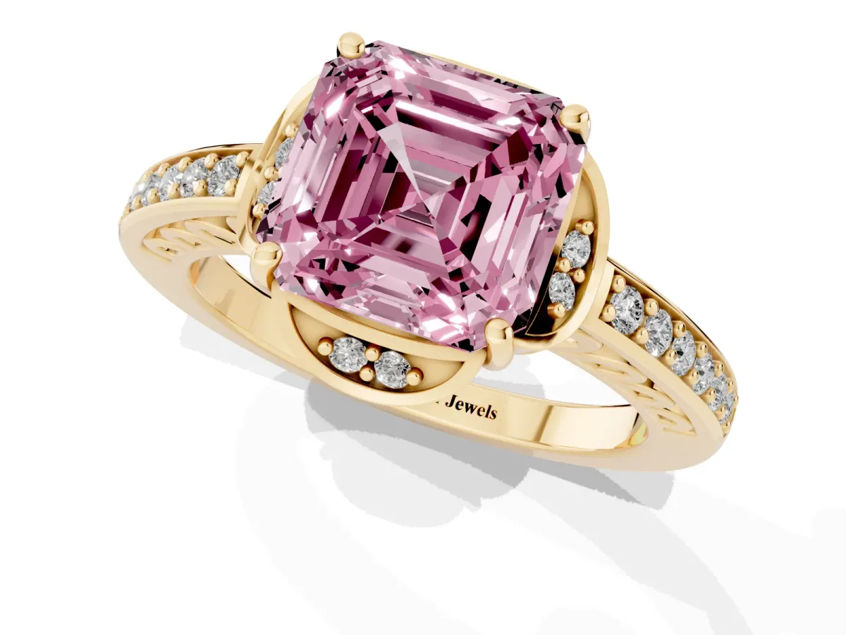 Fancy Pink Asscher Cut Cut Halo Diamond Ring with Channel Set Band and Four-Prong Setting Yellow gold
