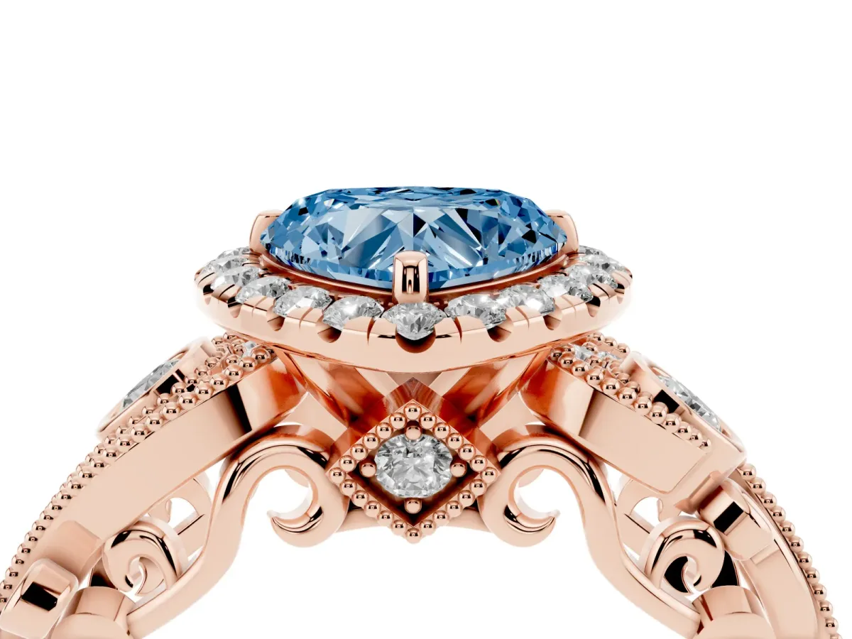 Fancy Blue Heart Cut Halo Diamond Ring with Milgrain and Bezel Accents on a Split Shank Band Rose gold