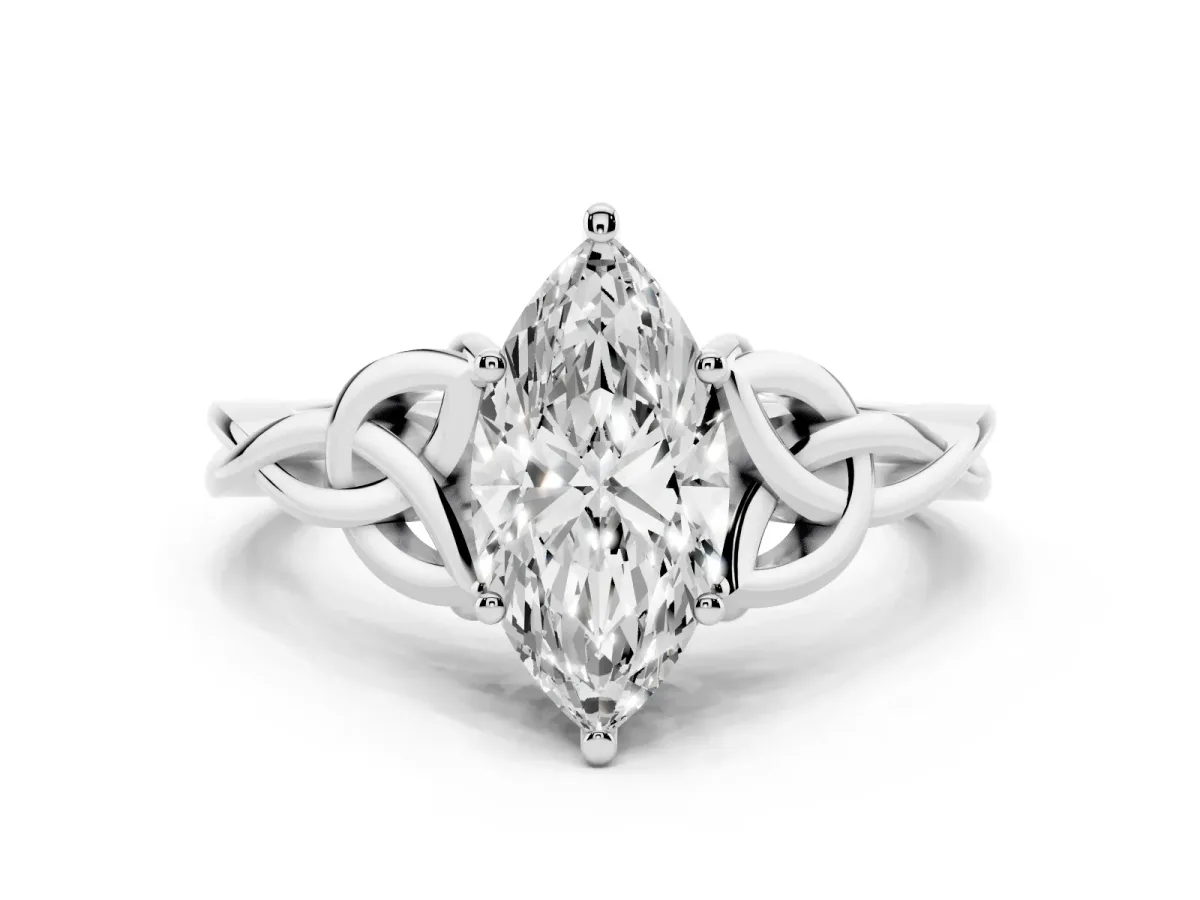 Marquise Cut Diamond Solitaire Engagement Ring with Celtic Knot Band and Four-Prong Setting Platinum
