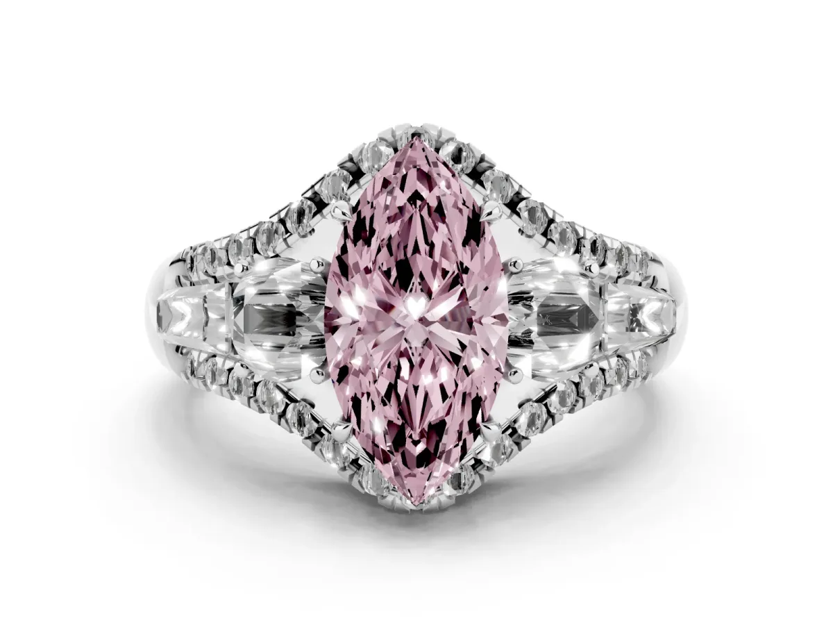 Fancy Pink Three-Stone Marquise Cut Diamond Engagement Ring with Pave Band and Prong Setting Silver