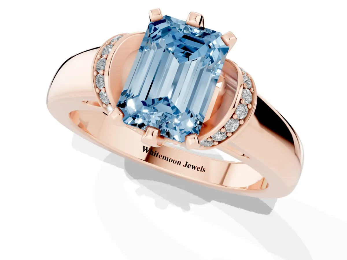 Fancy Blue Emerald Cut Solitaire Diamond Ring with Pave Band and Six-Prong Setting Rose gold