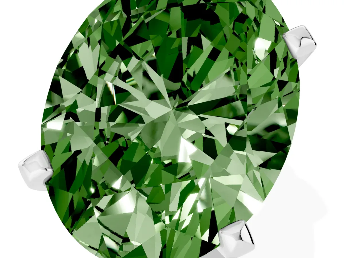 Fancy Green Oval Cut Diamond Solitaire Ring with Prong Setting and Classic Band Silver