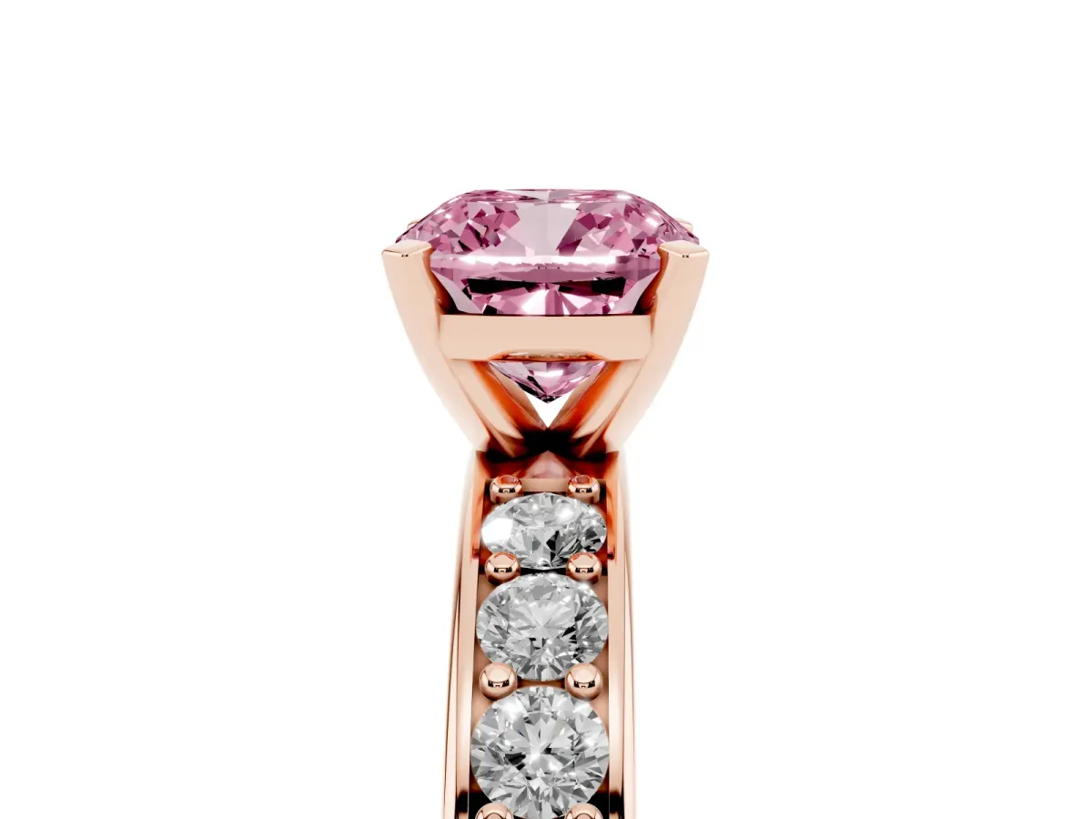 Fancy Pink Cushion Cut Diamond Engagement Ring with Channel Set Round Band and Prong Setting Rose gold