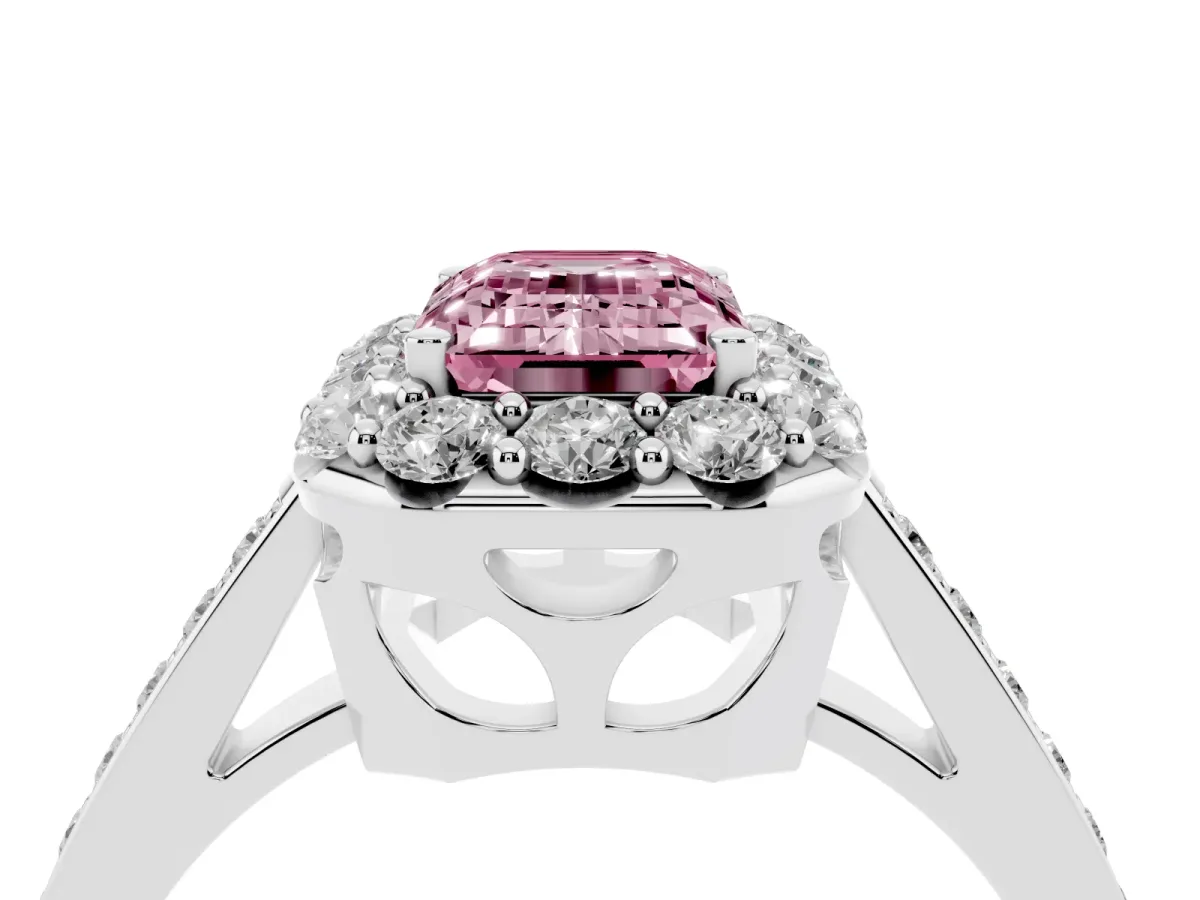 Fancy Pink Emerald Cut Diamond Floral Halo Ring with Pavé Band and Prong Setting Platinum