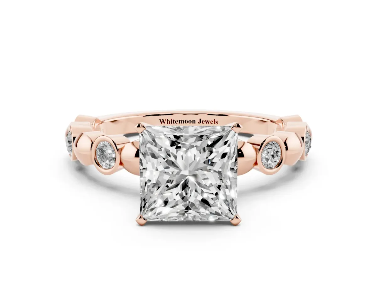 Princess Cut Solitaire Bezel-Set Diamond Ring with Beaded Band and Four-Prong Setting Rose gold