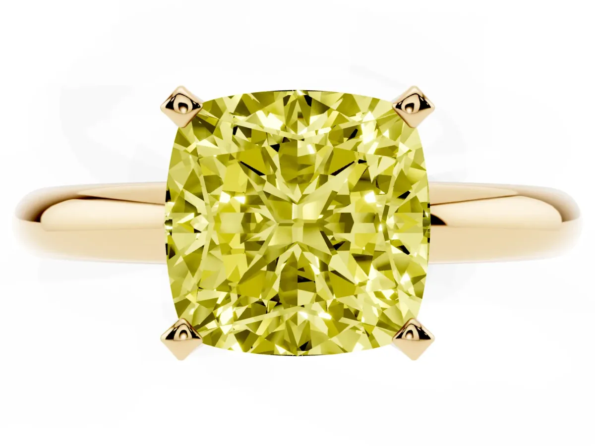 Fancy Yellow Cushion Cut Diamond Solitaire Engagement Ring with Round Band and Four-Prong Setting Yellow gold