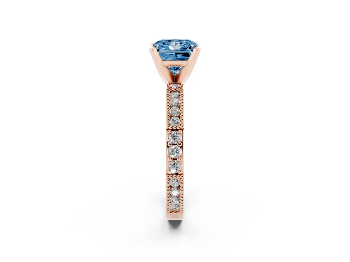 Fancy Blue Princess Cut Solitaire with Pavé Band and Four-Prong Setting Rose gold