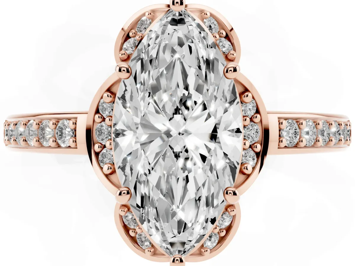 Marquise Cut Cut Halo Diamond Ring with Channel Set Band and Four-Prong Setting Rose gold