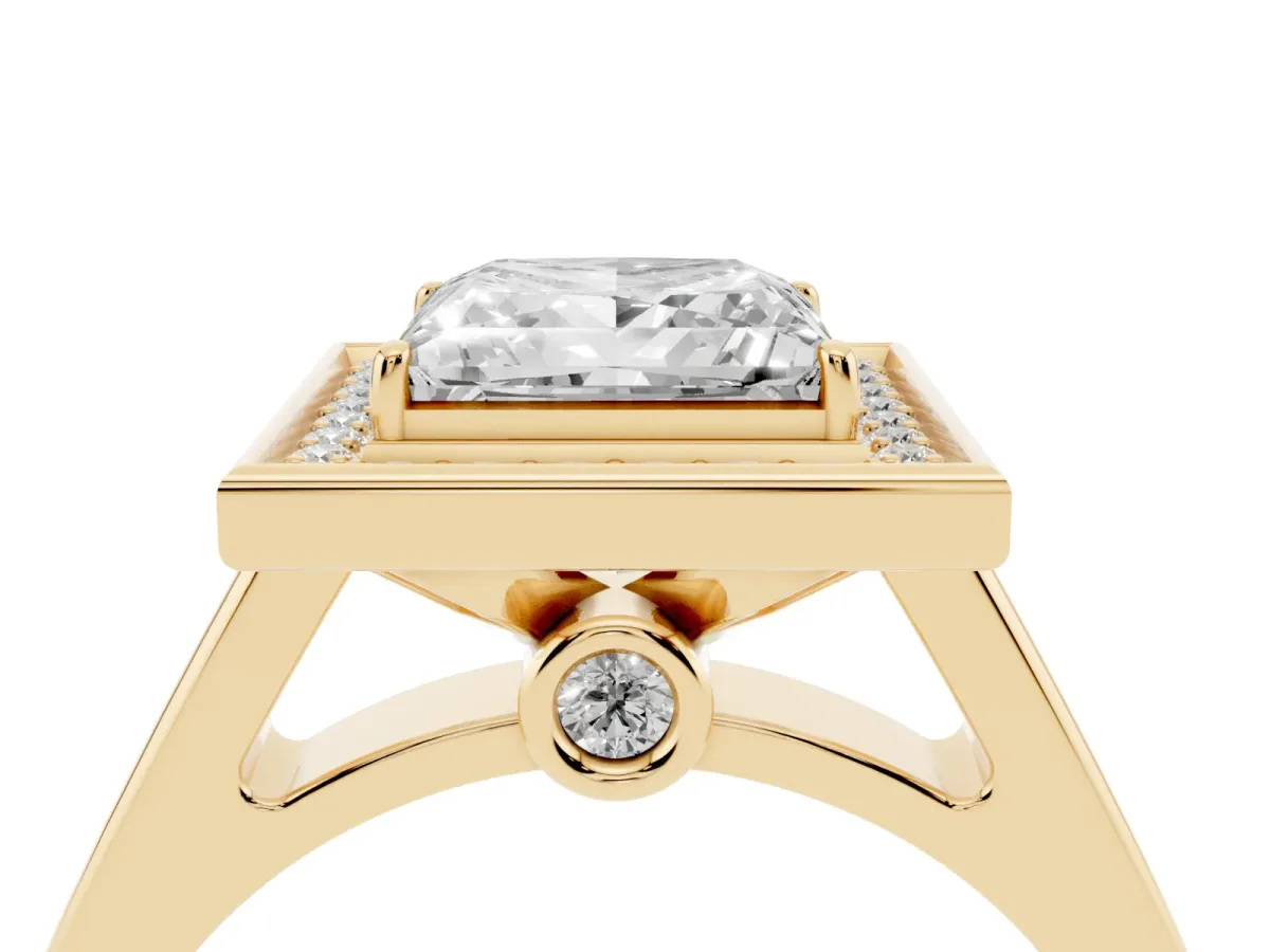 Princess Cut Halo Solitaire Diamond Ring with Pave Band and Bezel Setting Yellow gold