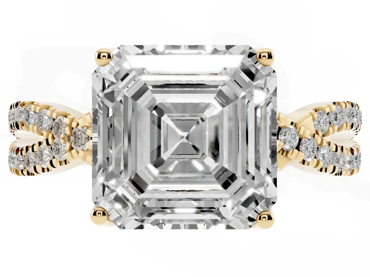 Asscher Cut Solitaire Twist Pave Diamond Engagement Ring with Prong Setting Yellow gold