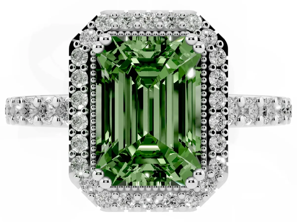 Fancy Green Emerald Cut Cut Diamond Halo Engagement Ring with Milgrain Detail and Pavé Band Silver