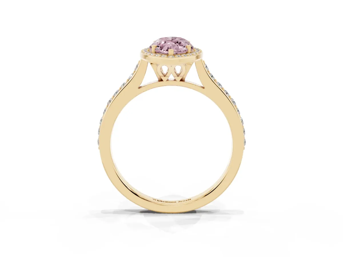Fancy Pink Marquise Cut Diamond Halo Engagement Ring with Round Pavé Shoulders and Prong Setting Yellow gold