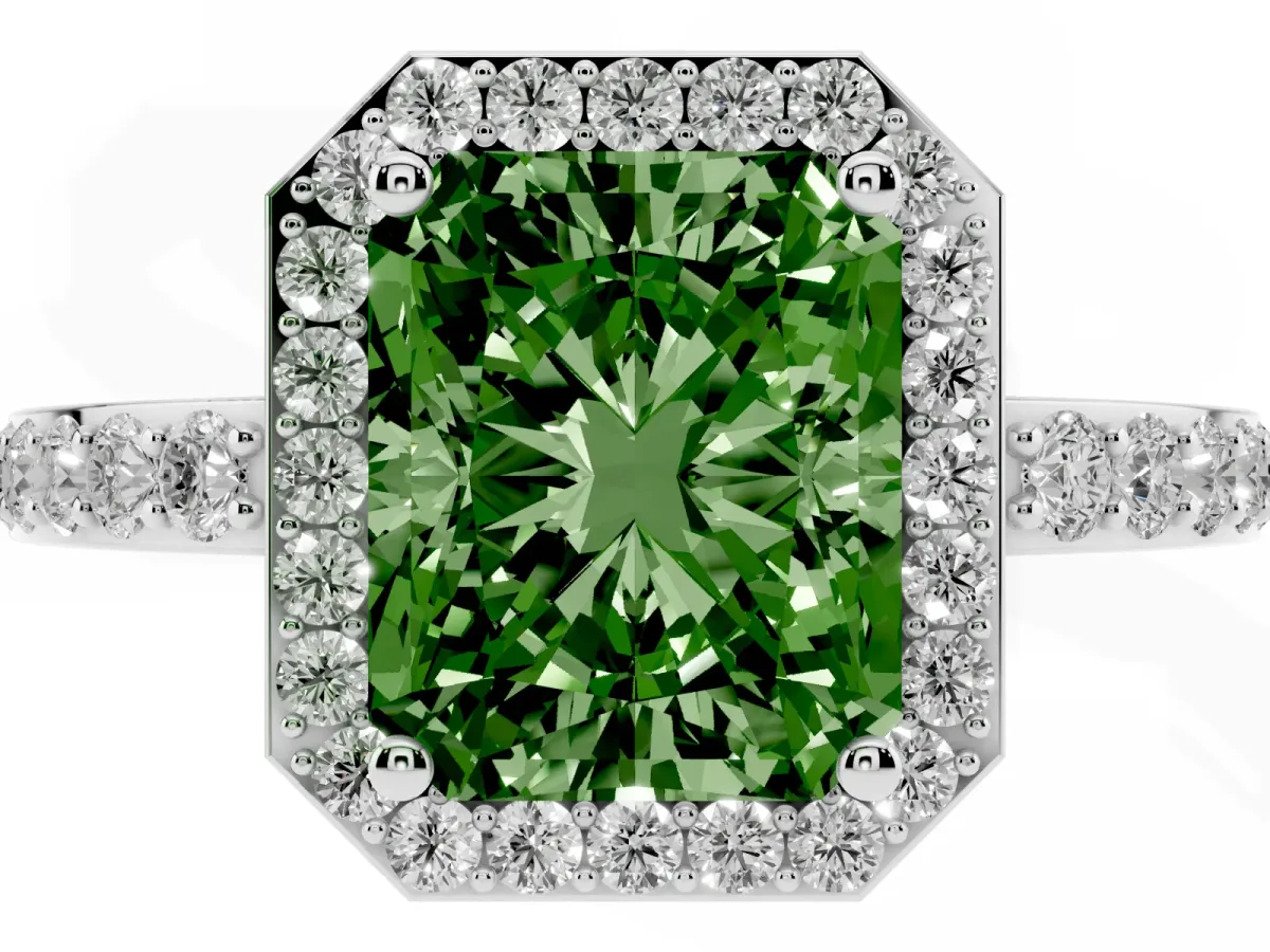Fancy Green Radiant Cut Halo Diamond Pavé Band Ring with Prong Setting Silver