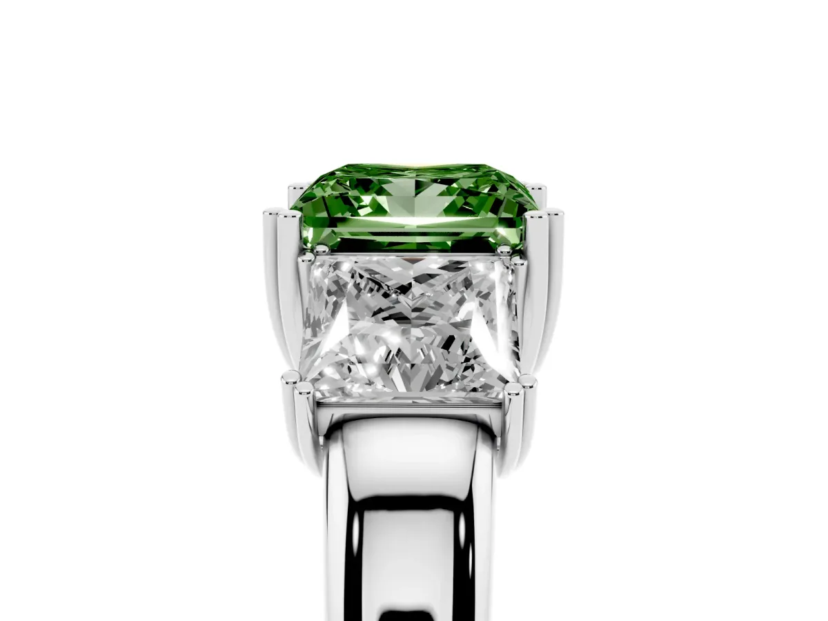 Fancy Green Three-Stone Princess Cut Cut Diamond Ring with Channel Set Band and Four-Prong Setting White gold