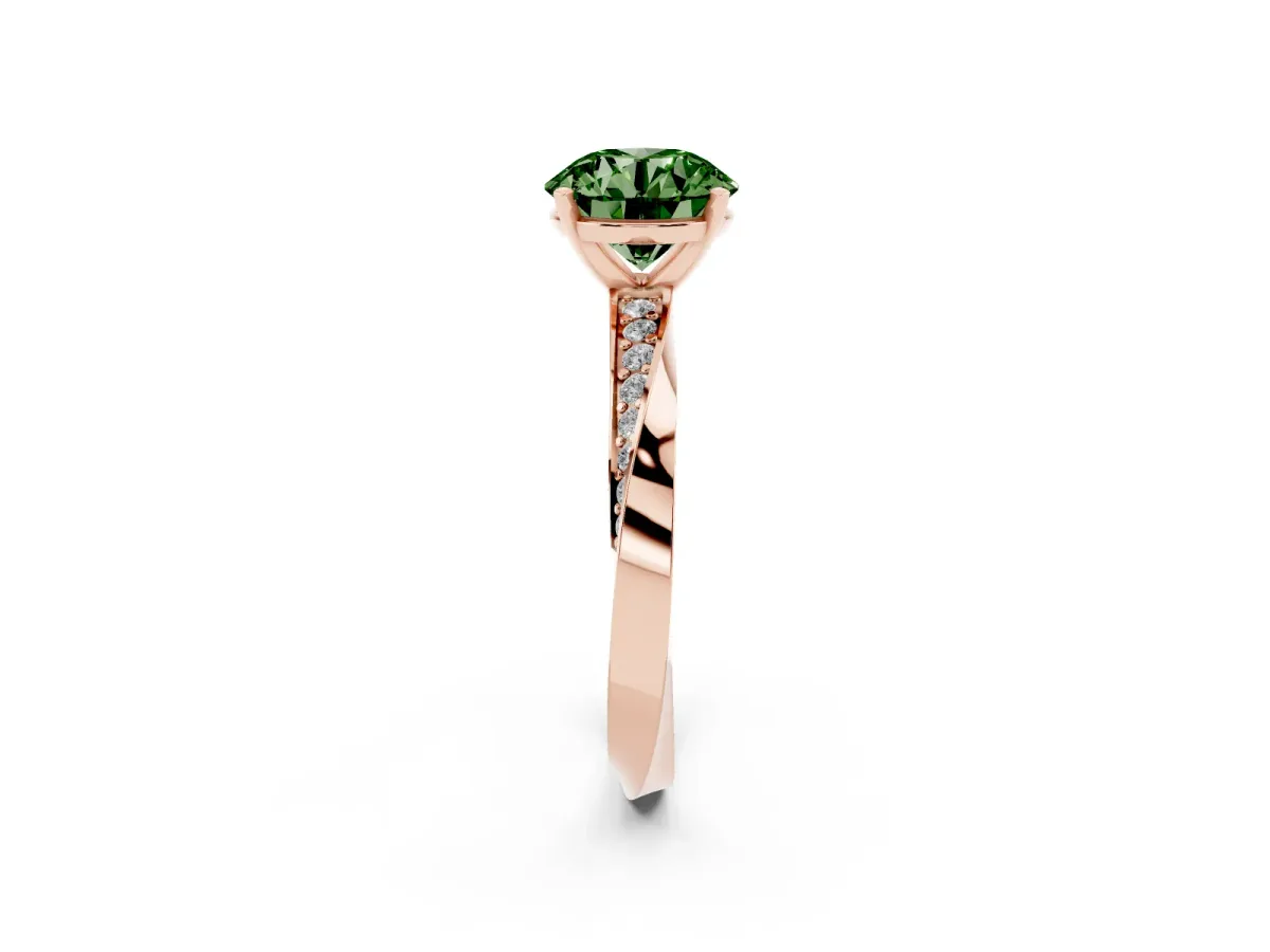 Fancy Green Round Cut Diamond Engagement Ring with Side Stone Accents and Four-Prong Setting Rose gold