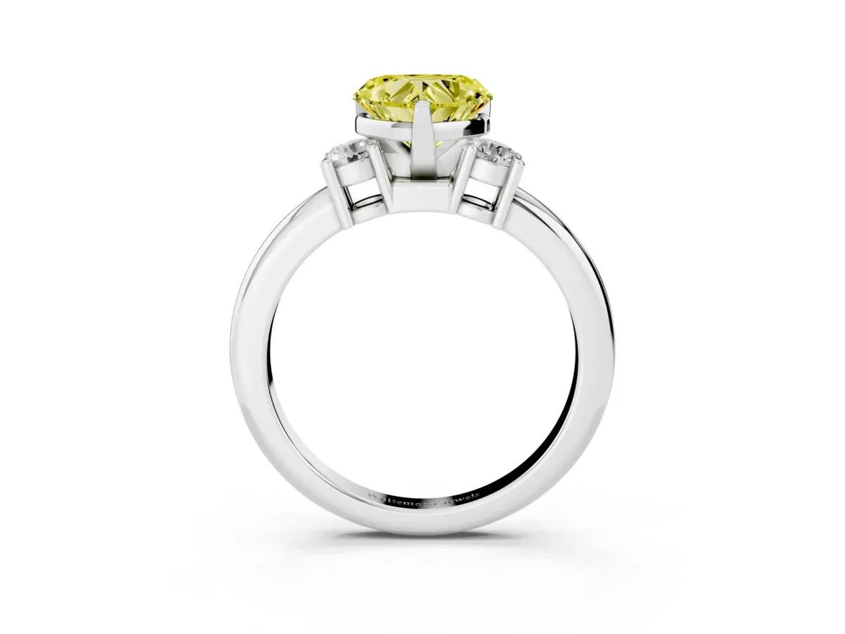 Fancy Yellow Three-Stone Heart Cut Cut Diamond Solitaire with Prong Setting and Classic Band Silver