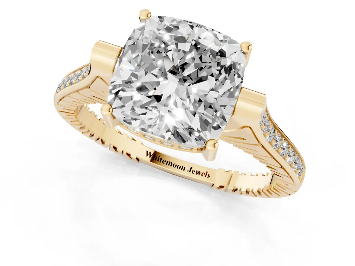 Cushion Cut Solitaire Diamond Ring with Channel Set Band and Bezel Prong Setting Yellow gold