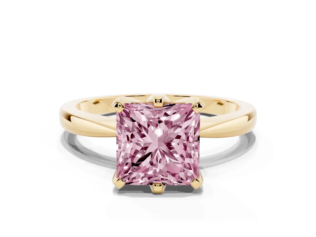 Fancy Pink Princess Cut Solitaire Engagement Ring with Six-Prong Setting and Tapered Band Yellow gold
