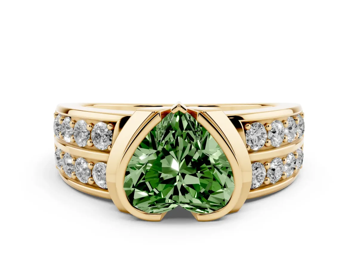 Fancy Green Heart Cut Brilliant Diamond Channel Set Wide Band Ring with Bezel Setting Yellow gold