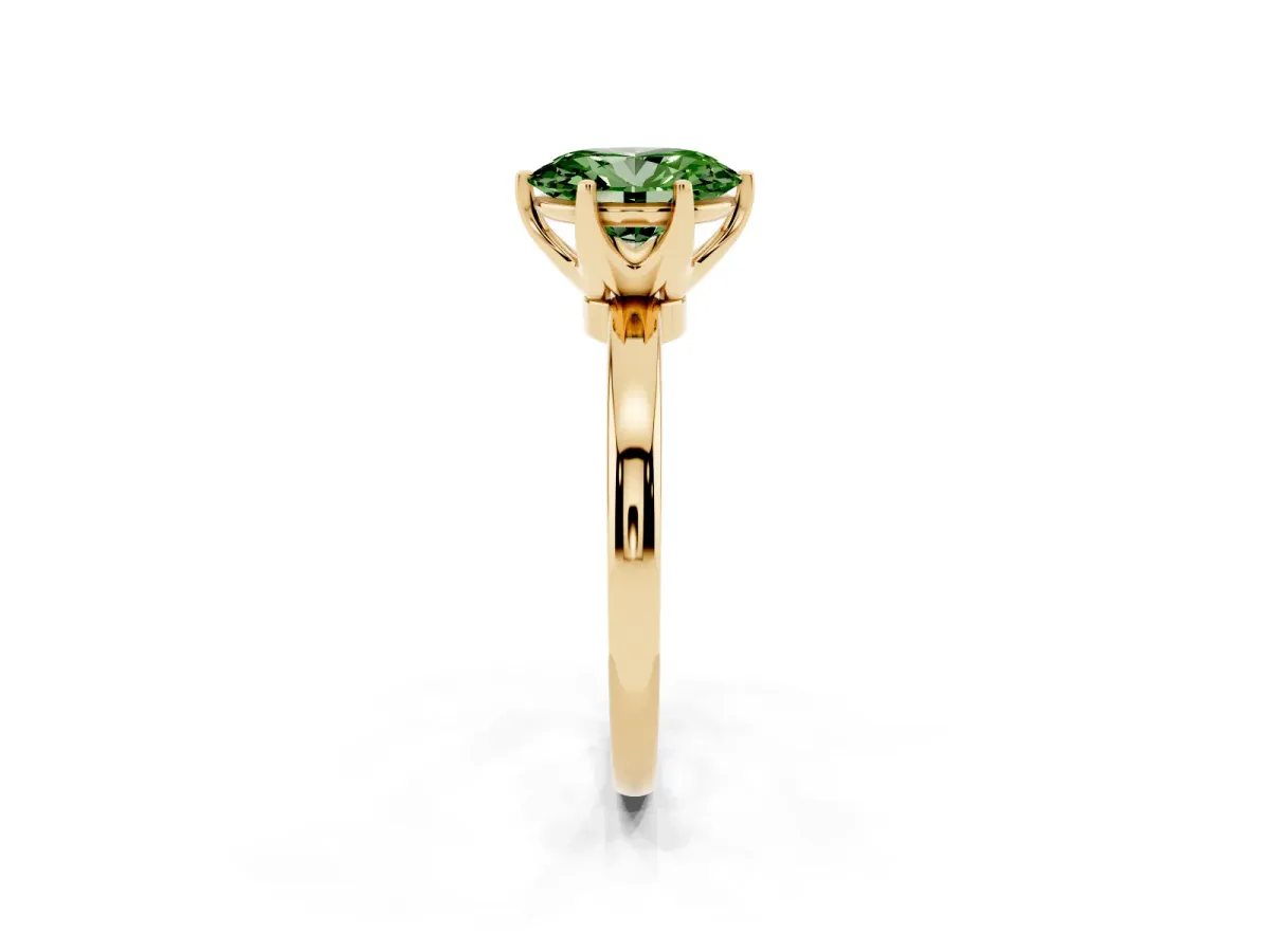 Fancy Green Oval Cut Solitaire Diamond Ring with Six-Prong Setting on a Classic Band Yellow gold
