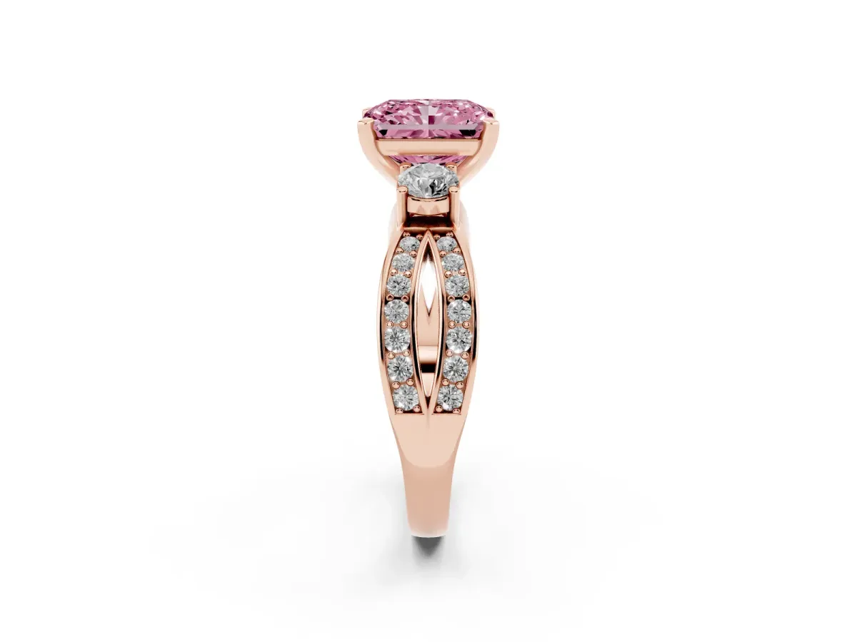 Fancy Pink Three-Stone Radiant Cut Cut Diamond Twist Band with Prong Setting Rose gold
