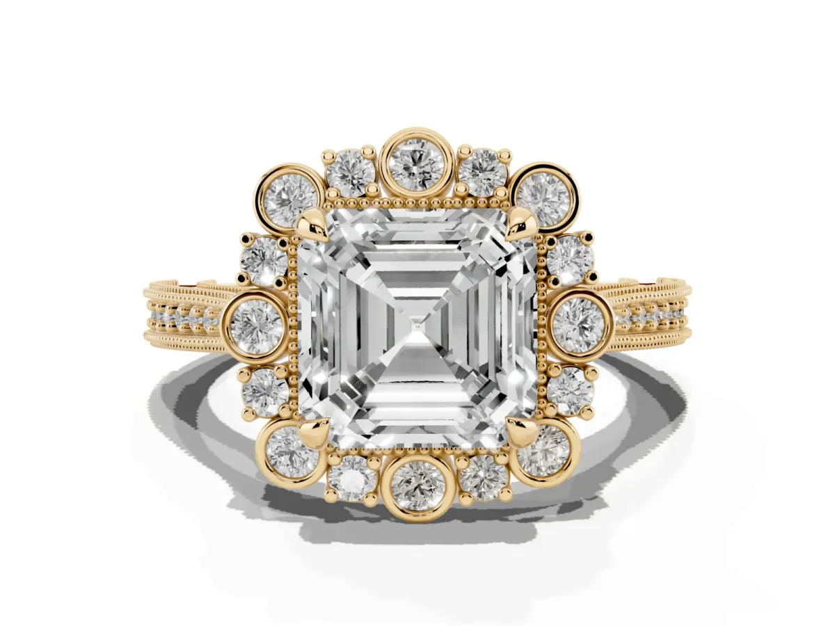 Asscher Cut Halo Milgrain Pave Diamond Ring with Four-Prong Setting Yellow gold