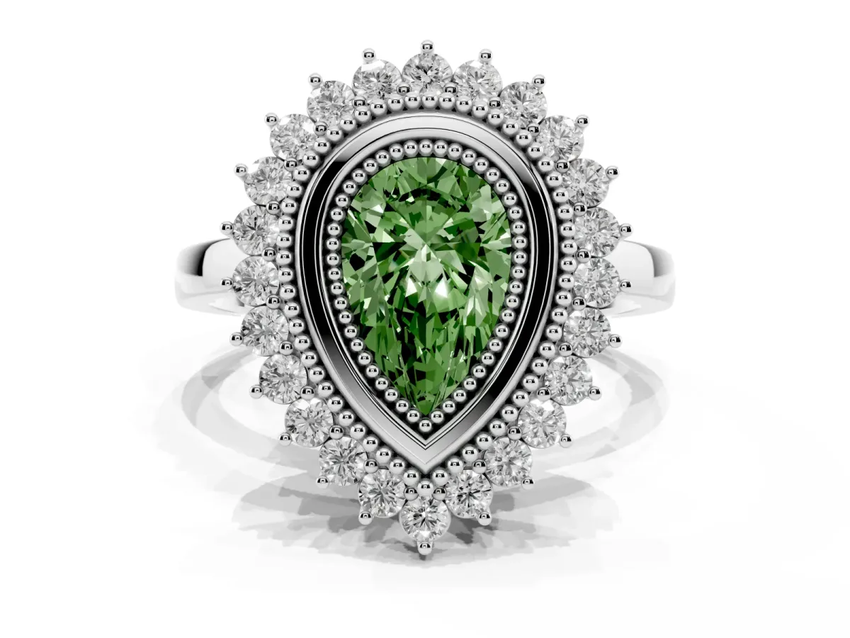 Fancy Green Pear Cut Halo Diamond Ring with Milgrain Edge and Round Prong Setting Silver