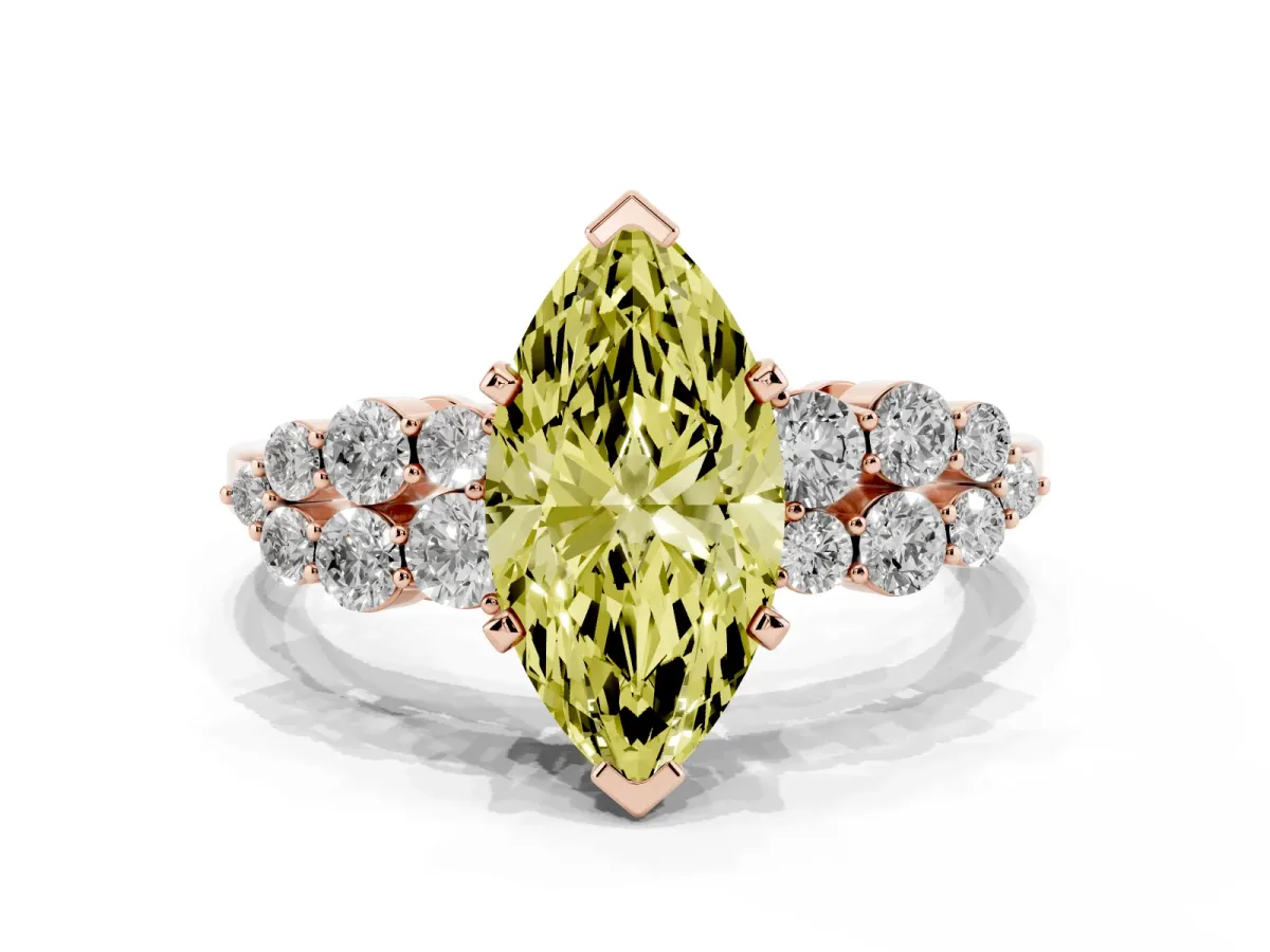 Fancy Yellow Marquise Cut Cluster Diamond Engagement Ring with Pavé Band and Four-Prong Setting Rose gold