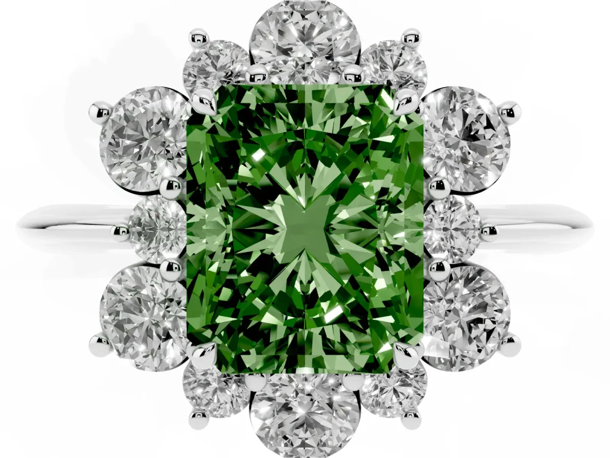 Fancy Green Radiant Cut Diamond Cluster Halo Ring with Solitaire Band and Four-Prong Setting Silver