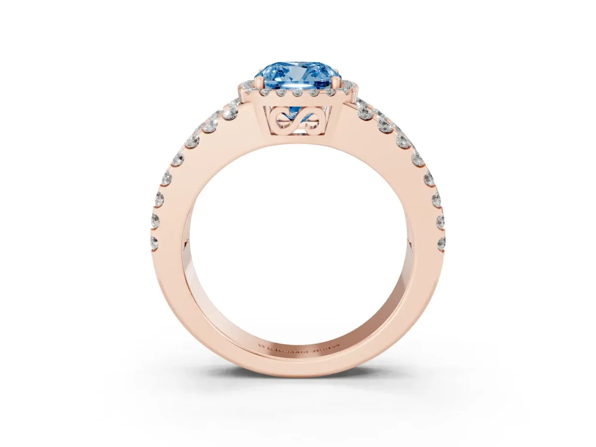 Fancy Blue Cushion Cut Cut Halo Split Shank Diamond Ring with Four-Prong Setting Rose gold