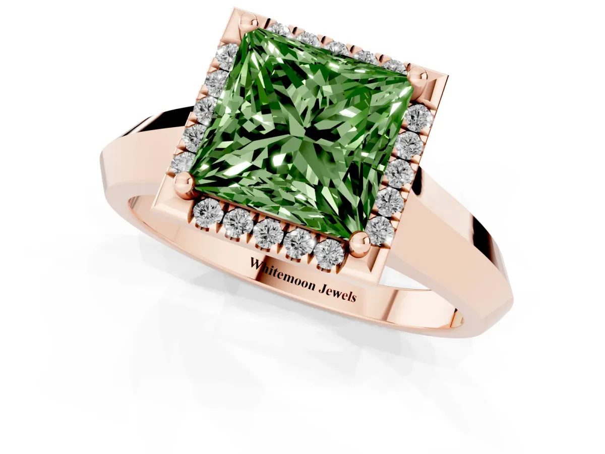 Fancy Green Princess Cut Halo Diamond Ring with Cathedral Band and Four-Prong Setting Rose gold