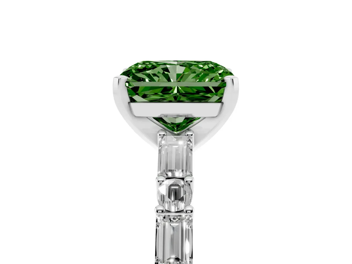 Fancy Green Radiant Cut Diamond Solitaire with Side Baguettes and Channel Set Band Silver