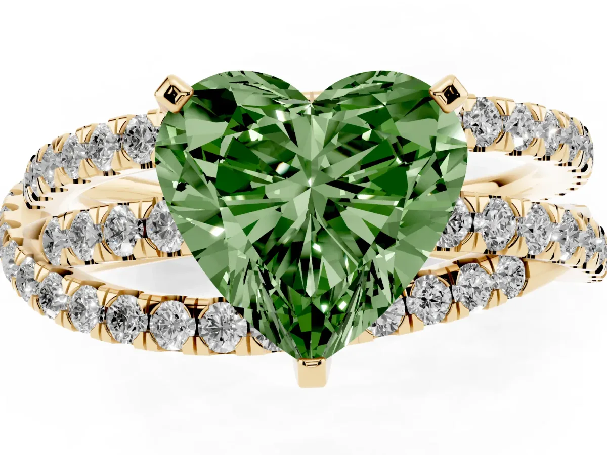 Fancy Green Heart Cut Solitaire Twist Band with Pavé Setting and Four-Prong Setting Yellow gold