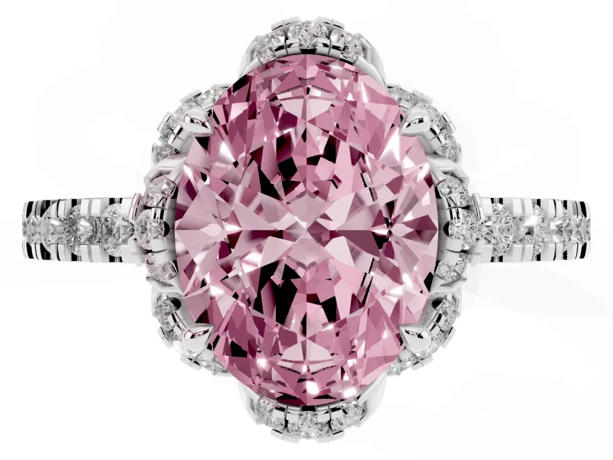 Fancy Pink Oval Cut Diamond Halo Pave Band with Four-Prong Setting Silver