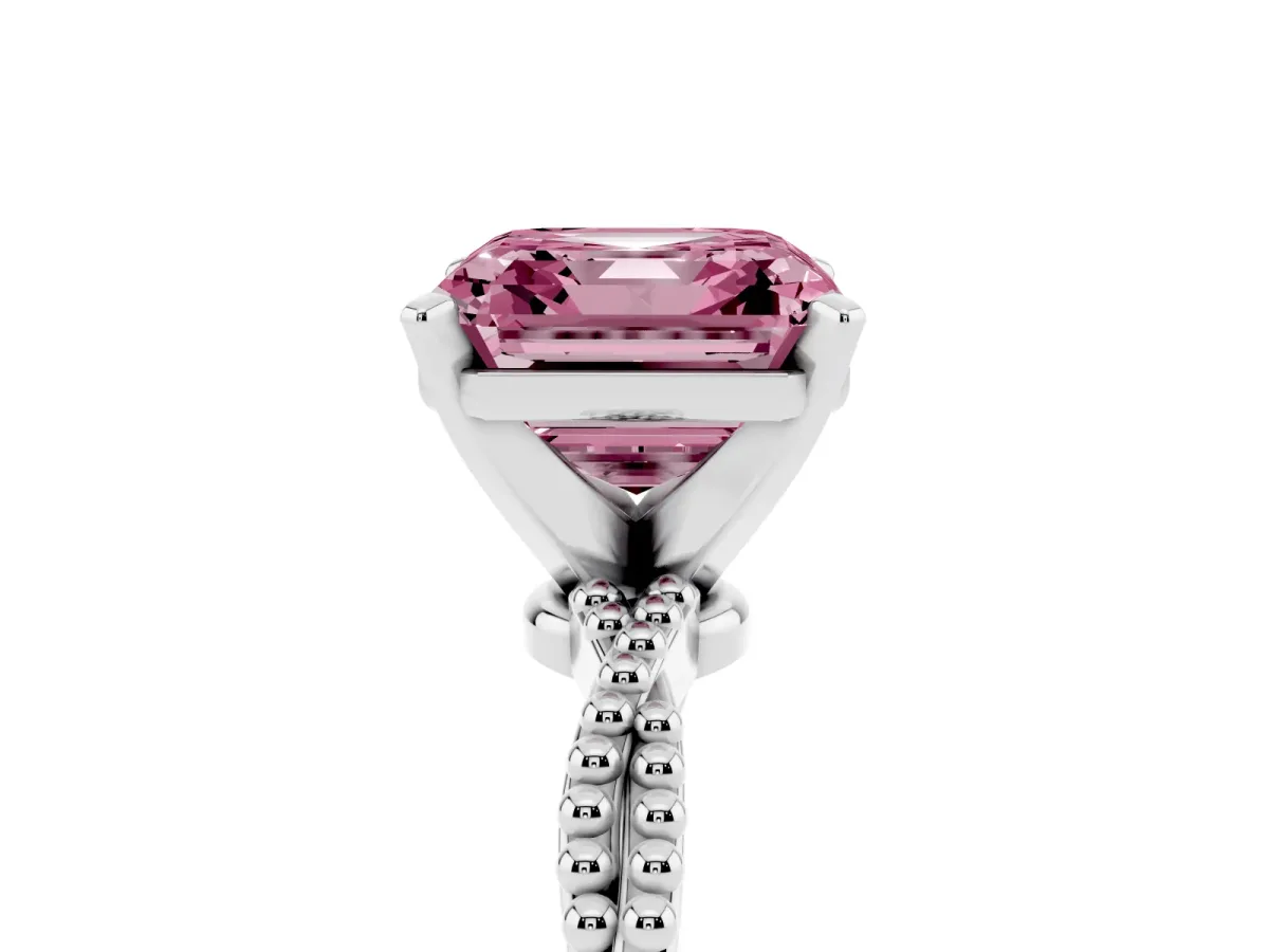 Fancy Pink Asscher Cut Solitaire Twisted Band with Bead Prong Setting Silver