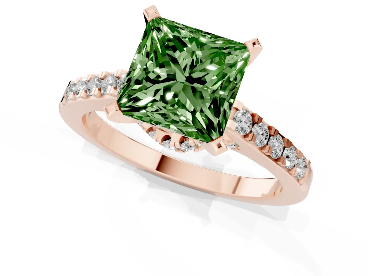 Fancy Green Princess Cut Diamond Solitaire Ring with Crossover Gallery and Round Pavé Band Rose gold