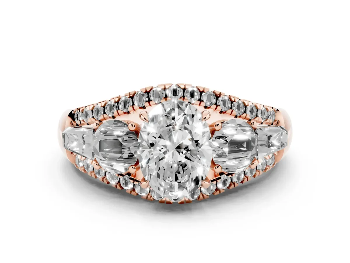 Three-Stone Oval Cut Diamond Engagement Ring with Pave Band and Prong Setting Rose gold