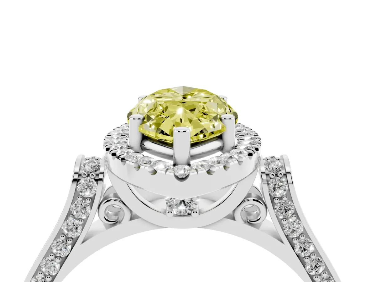 Fancy Yellow Marquise Cut Halo Round Diamond Twist Band with Four-Prong Setting Platinum