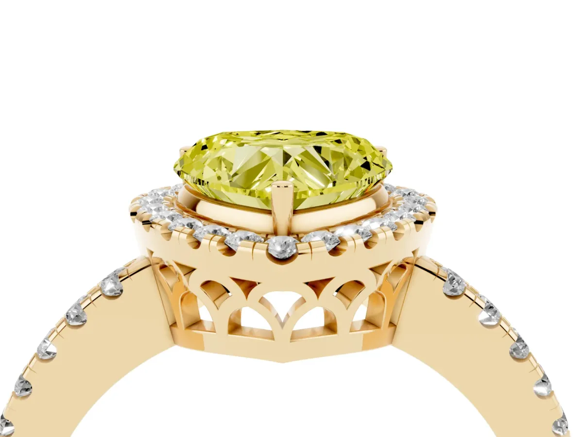 Fancy Yellow Heart Cut Halo Diamond Engagement Ring with Pavé Band and Four-Prong Setting Yellow gold