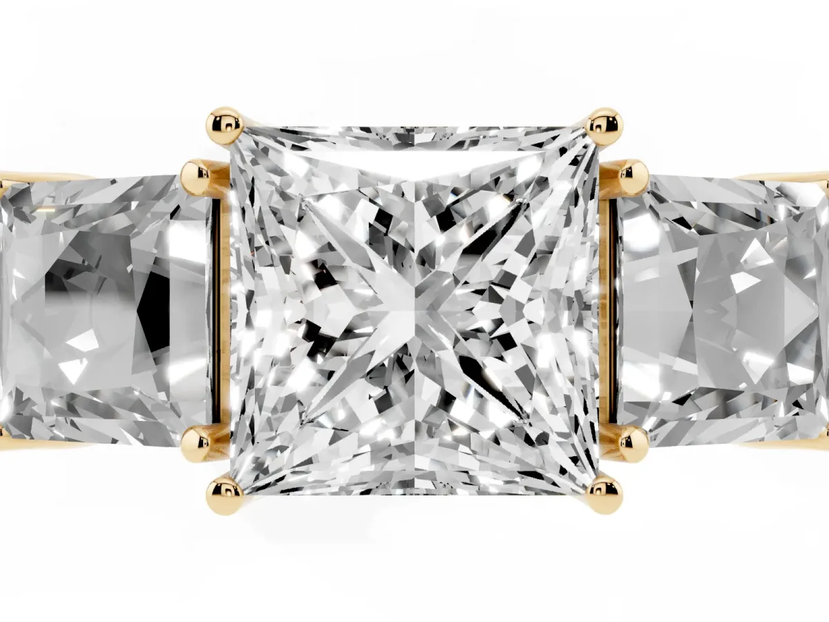 Three-Stone Princess Cut Cut Milgrain Pavé Engagement Ring Yellow gold
