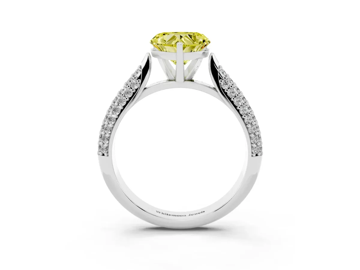 Fancy Yellow Heart Cut Diamond Solitaire Engagement Ring with Multi-Row Round Pavé Band and Prong Setting White gold